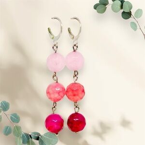 BOUTIQUE Elegant Pink and Red Beaded Earrings, Agate Dangles